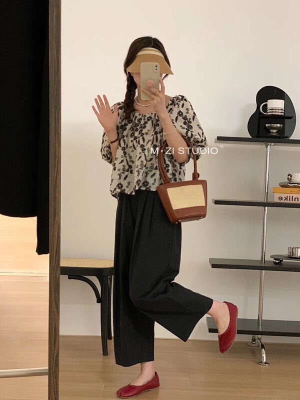 [m.zi studio] French floral embroidery off shoulder shirt 5879\hbx