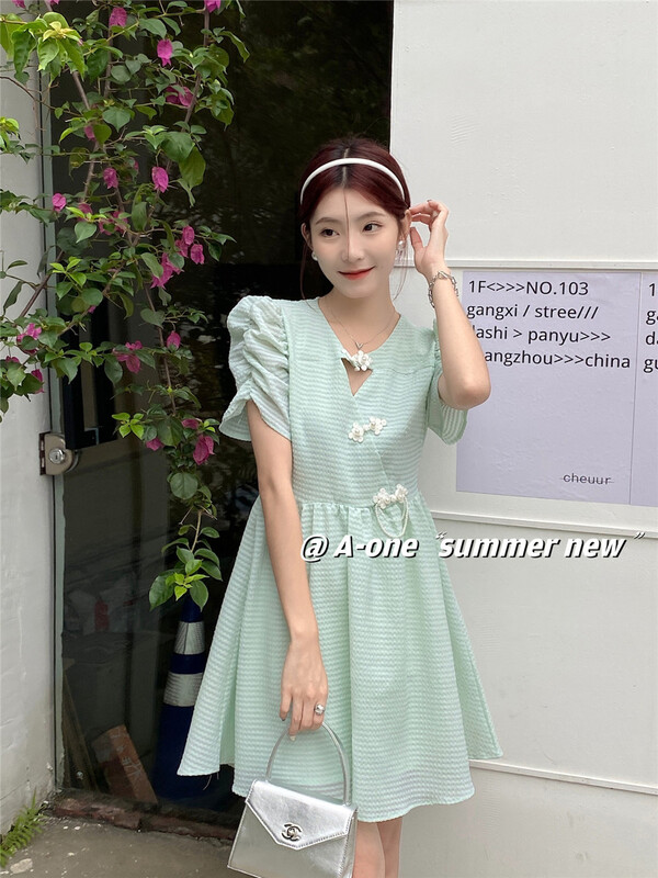 [A-One] temperament Chinese knot high waist dress 22173\hjy