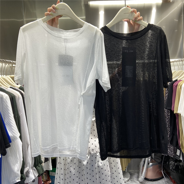 [akxk] casual round neck slit short sleeve T-shirt 2605 "L