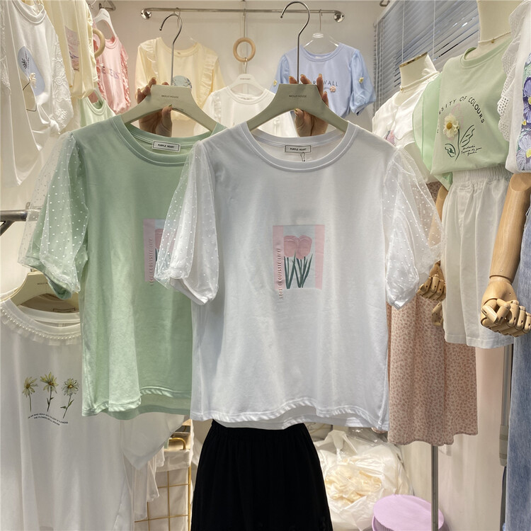 Live broadcast! 【 purpler 】 small fresh bubble sleeve round neck short sleeve T-shirt 0983\hjy