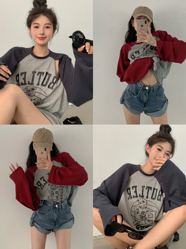 [y.jia EJA] Korean color contrast hollow out printed long sleeve T-shirt 1838