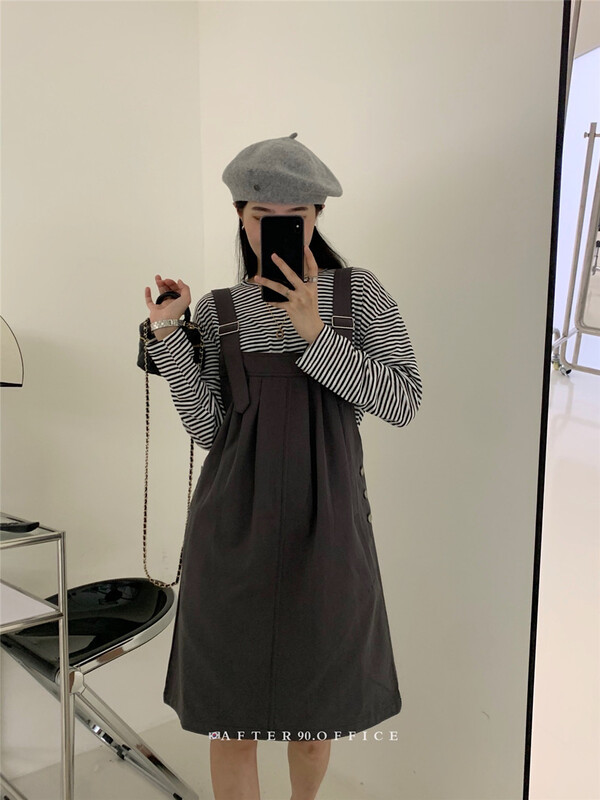 [after.90] simple and versatile Striped Top + loose strap skirt set 2505\ll