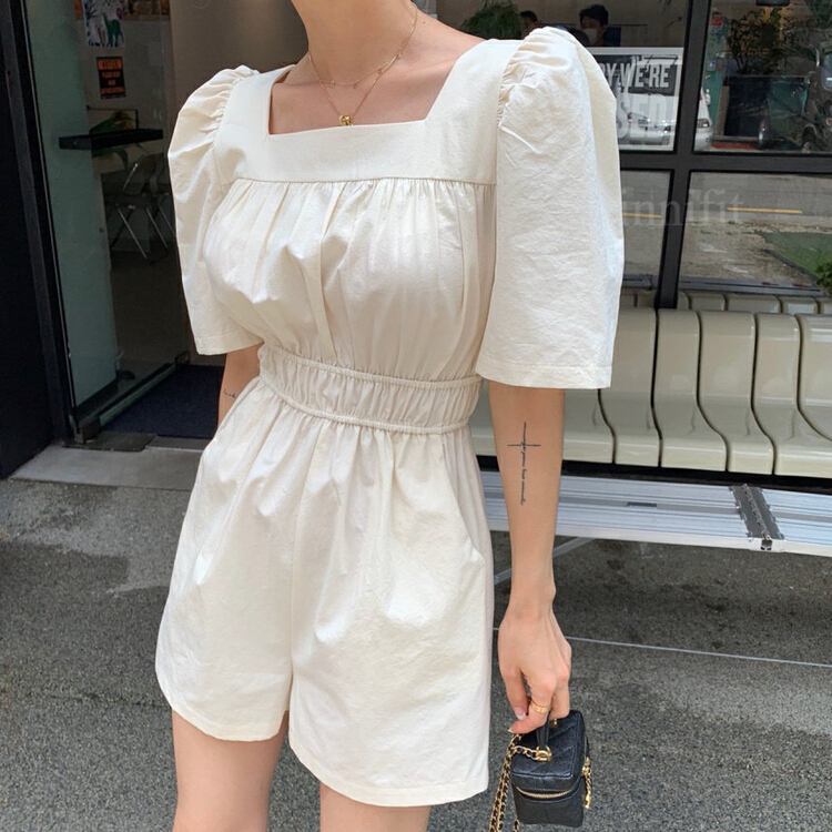 [savage] Korean version square neck bubble sleeve pleated elastic waist high waist pocket loose shorts BODYSUIT e8352\wpl