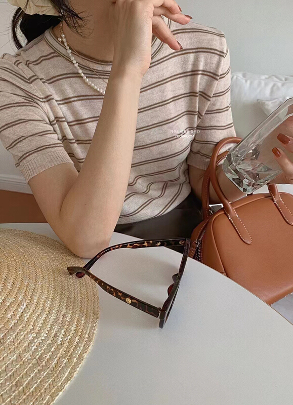 [huole] round neck striped women's 2022 new popular spring loose short T-shirt 9096\wtt