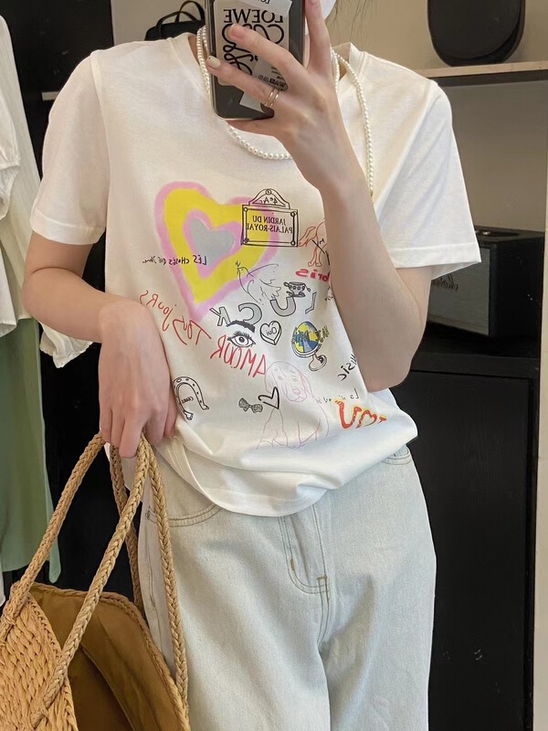 [h2-studio] Korean fashion love printed short sleeve T-shirt a810\hbx