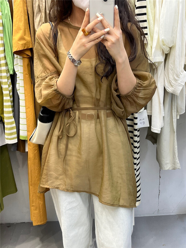 [h-xl] solid color round neck loose transparent shirt (with waist rope) 3603\ll