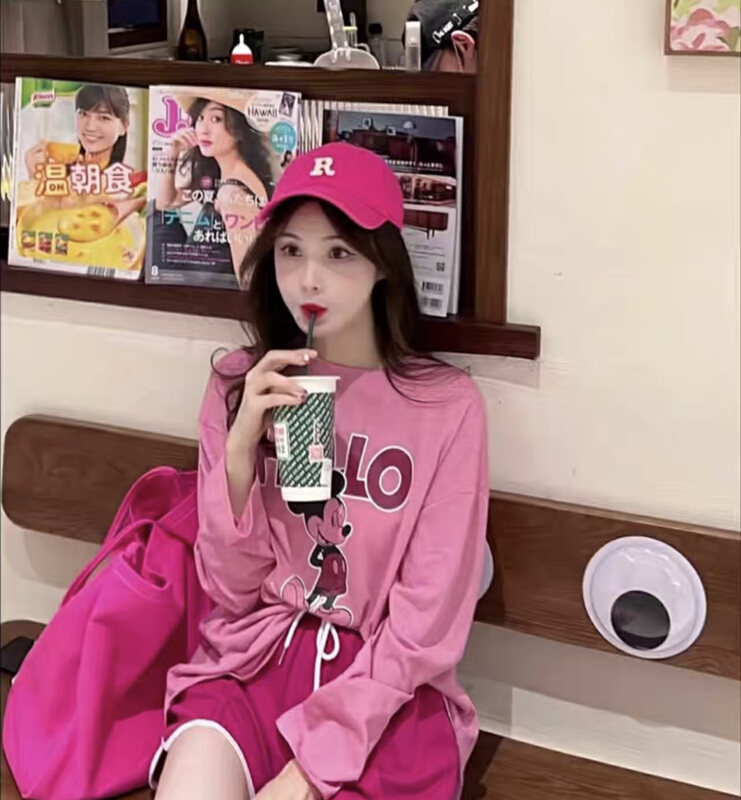 [y.jia EJA] round neck cartoon printed T-shirt + contrast casual shorts two piece set ys1-3371