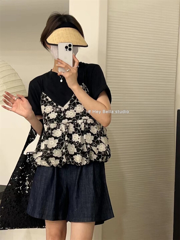 [hey Bella] comfortable floral Vest + simple blouse set 1382\ll
