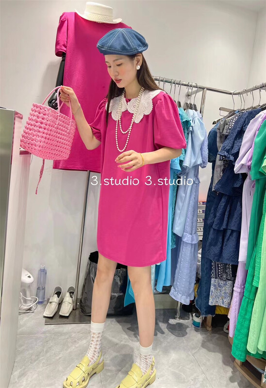 [3.studio] Korean doll neck color matching lace dress 22173\xyy