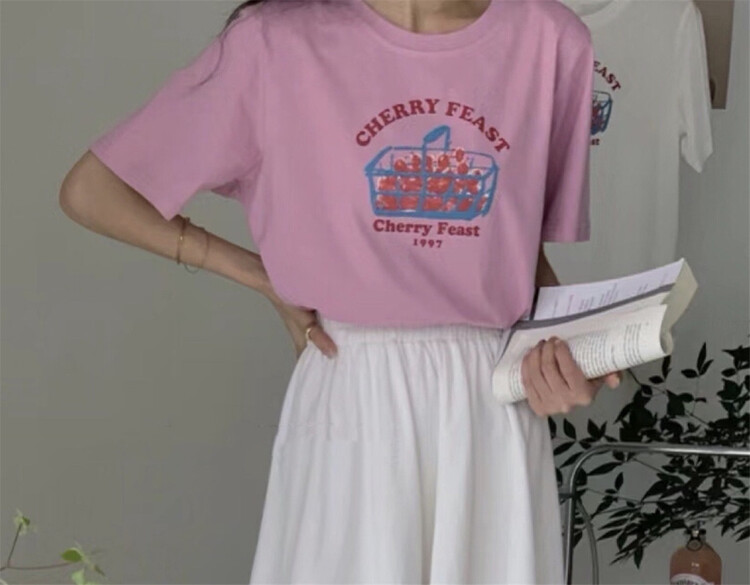 [chuu] casual letters cherry print short sleeve T-shirt 001\hbx