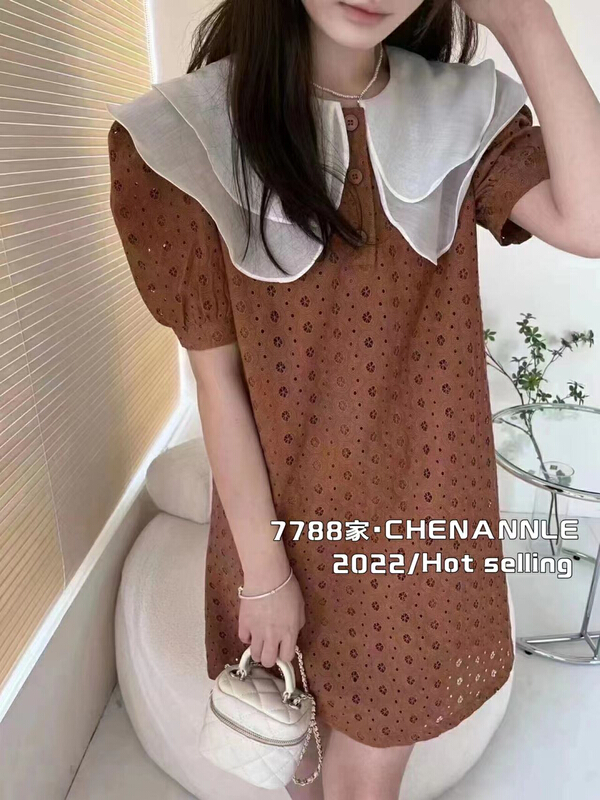 [chennnle] double layer lotus leaf doll collar stitched lace hook flower hollow out dress 9655\pcz