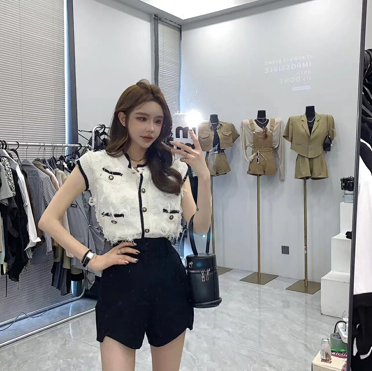 [fox] round neck single breasted contrast sleeveless shirt 1868\wtt