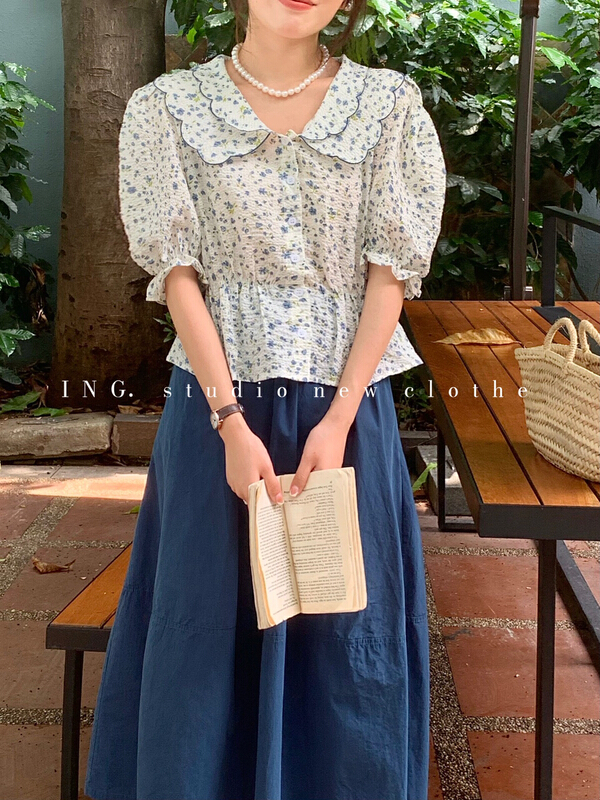 [ing] sweet temperament baby collar with a slim waist broken flower shirt ing-7795\hbx