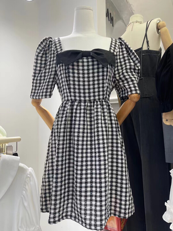 [am Gardenia] Korean sweet bow check bubble sleeve dress 3659\pcz