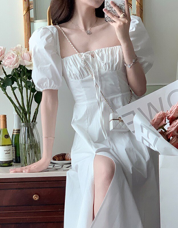 [wgwe] French retro square neck slim waist dress 1851\pcz