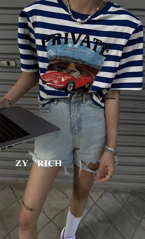 [ZY] Stripe Print Pullover short sleeve T-shirt 2092\wtt