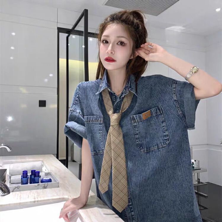 [Kiki studio] casual loose port denim shirt (with tie) 6091\hjy