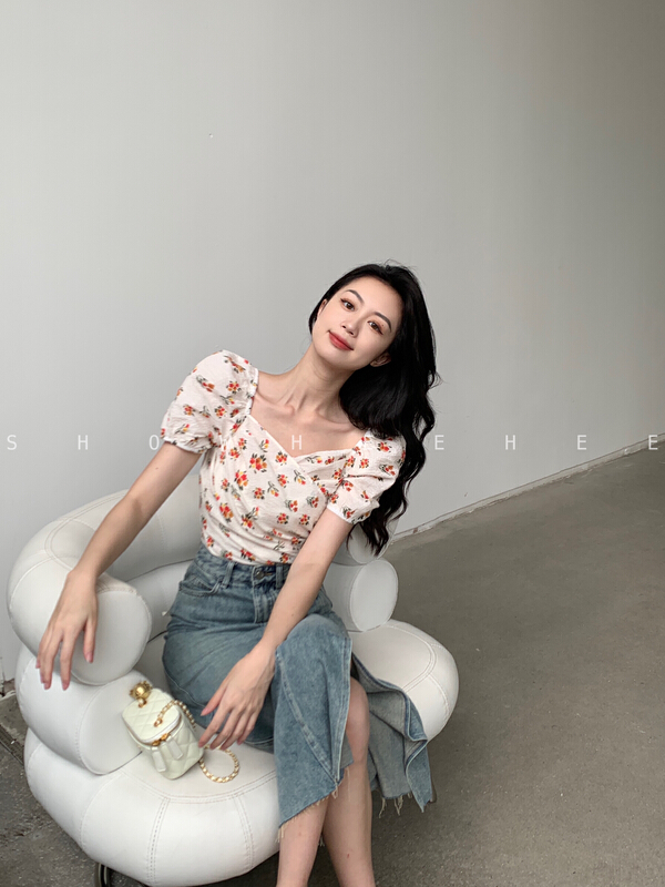[Xiu Xixi] French brilliant V-neck floral waist shirt 9131\jhy