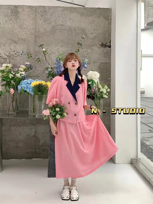 【N】 Color matching retro short coat + high waist solid skirt suit 0958\\wtt
