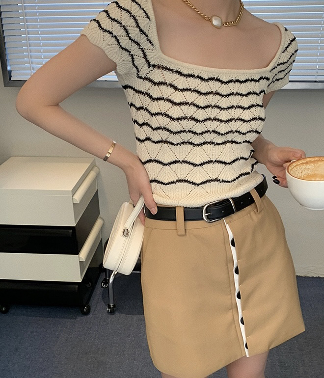 [JH] net red stripe Short Sleeve Top + contrast skirt suit (with belt) 41962\pcz