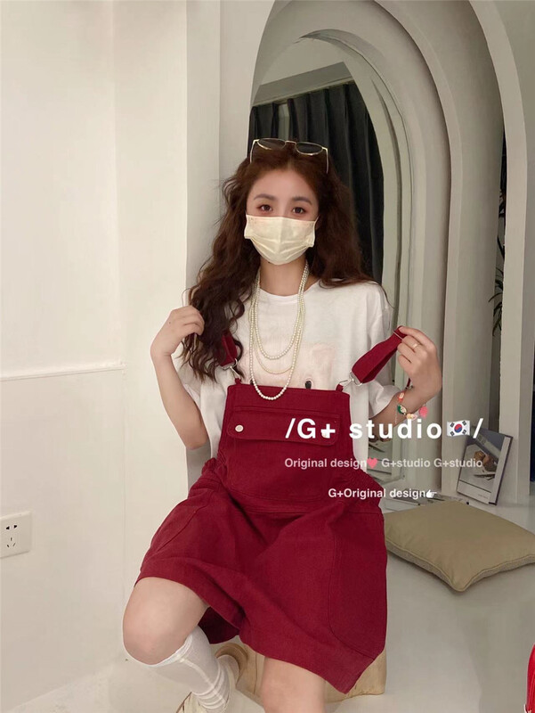 [g+] simple and fashionable pocket design loose strap pants 7758\wtt