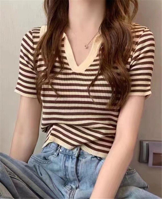 In early summer! [OA] simple Stripe Polo Neck Shirt 1520\xyy