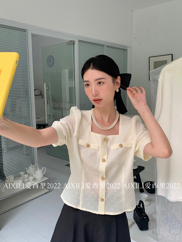 [aixili aixili] square neck wave point single breasted shirt 6535\wpl