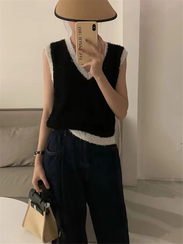 [orange] casual V-neck contrast vest / sling 8925\hbx