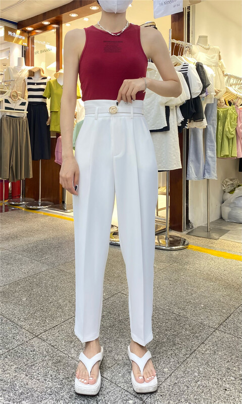 [e-wo] temperament solid color small foot casual pants (with belt) 2296\lsw