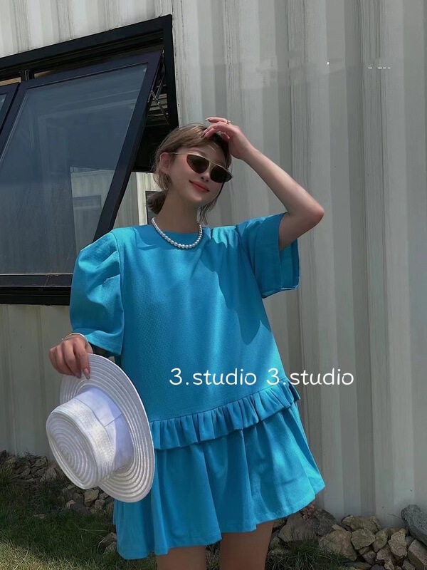 [3.studio] fresh and simple loose solid color bubble sleeve lace dress 22162\xyy