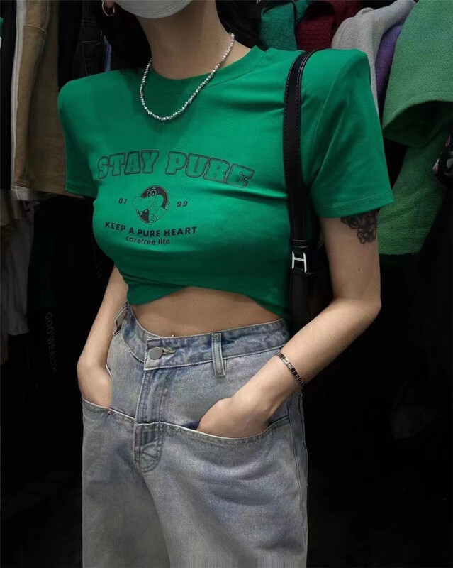 [Yan Zhen] casual round neck lettered printed slim short sleeve T-shirt 98865\pcz