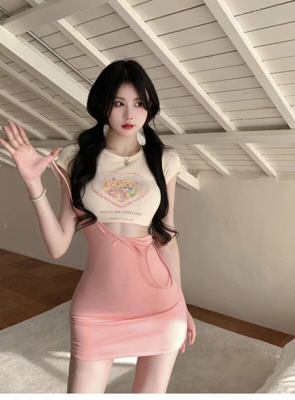 [Hello Miss] bear printed sweet short sleeve T-shirt + slim and versatile strap skirt set 6363\pcz
