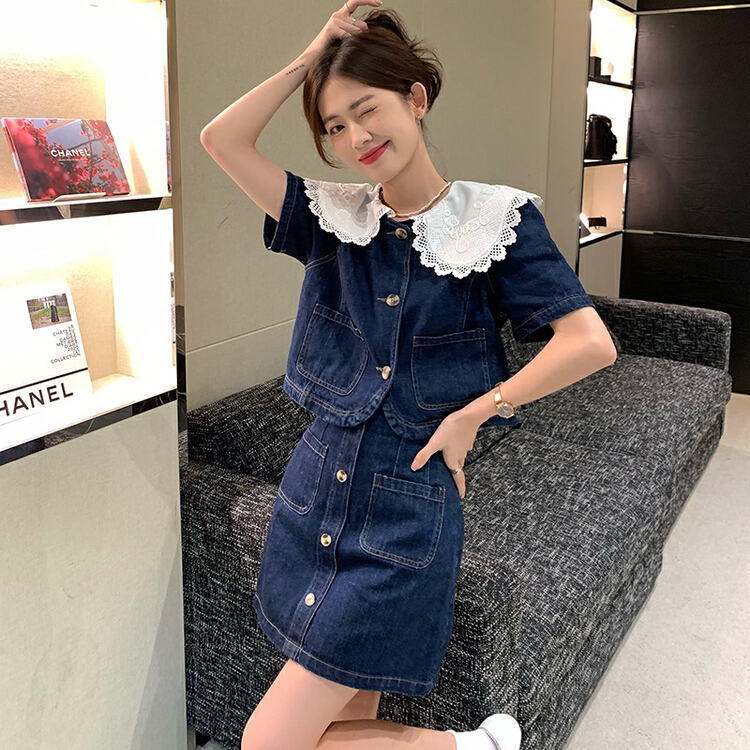 [y.jia EJA] personalized color contrast large lapel age reducing shirt + simple and versatile denim half suit ys1-1035\pcz