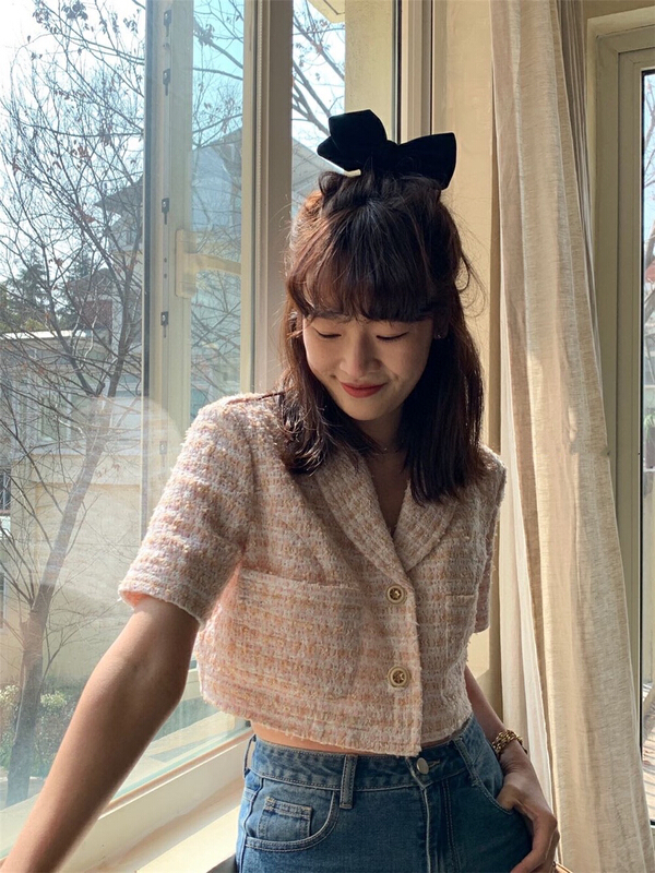 In early summer! [wgwe] Korean version short style design feeling thin tweed small fragrance shirt 1331\pcz