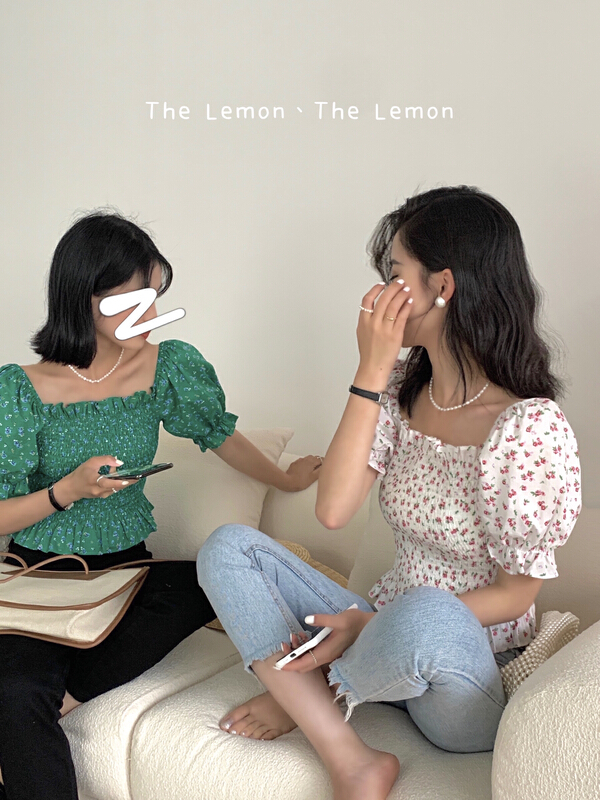 In early summer! [lemon green tea] French style square neck floral shirt ys1-2103\hjy