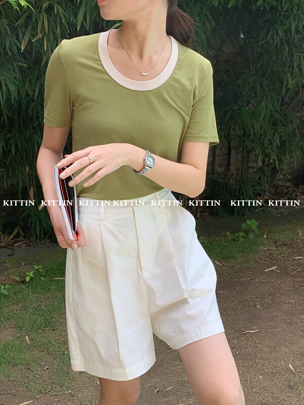[Kittin] Korean color contrast collar short sleeve T-shirt 387\xyy