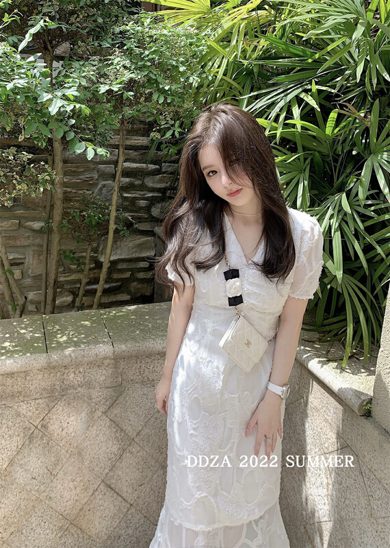 [wgwe] French retro girl small high waist bubble sleeve fishtail dress 1805\pcz