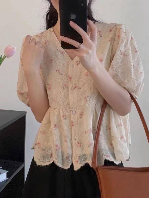 [wanwan] Korean version lady V-neck floral shirt 6760\hbx