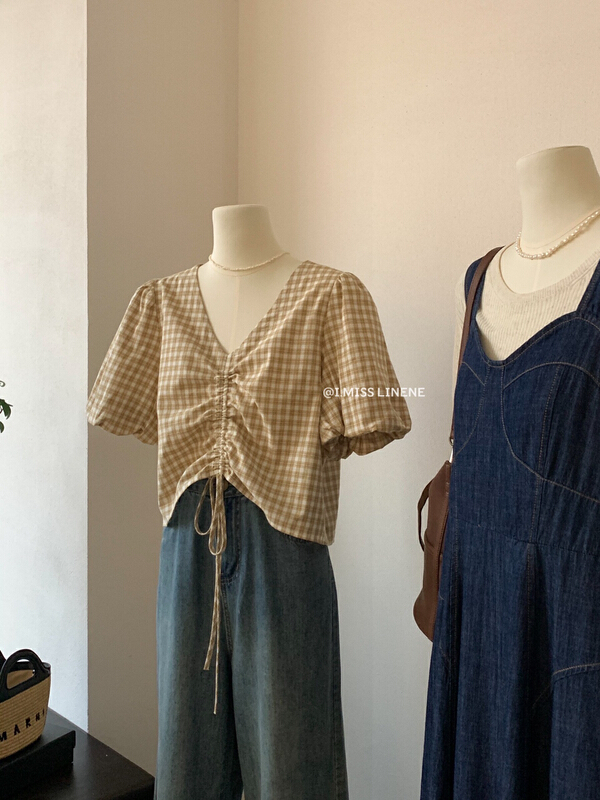 [Imiss] retro minority V-neck drawstring plaid shirt cx3366\lsw