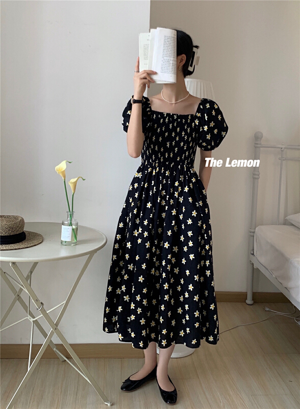 [lemon green tea] Fashion Square Neck floral dress 2213\hjy