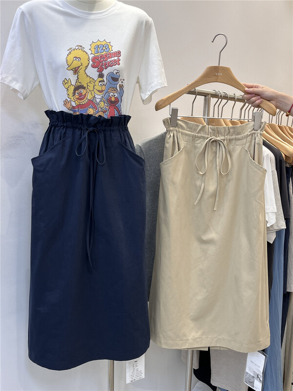[xhm] Korean simple drawstring high waist skirt 2077\zjy