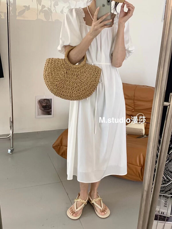 [MSTUDIO MANSA] solid color short sleeve square neck dress (with waist rope) t113\ll