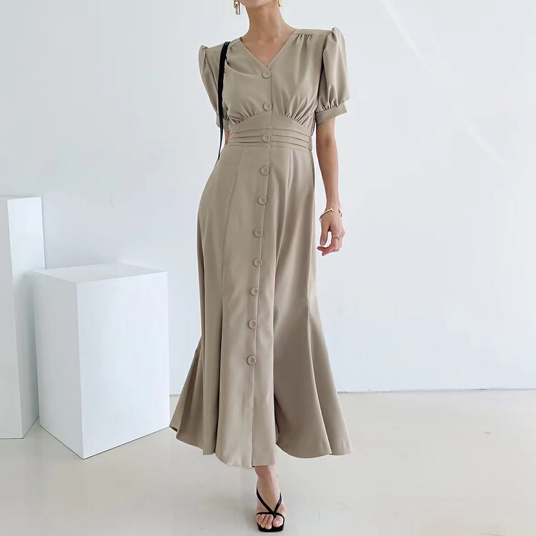 [31 fashion] retro Korean V-neck waist dress 51381\hjy
