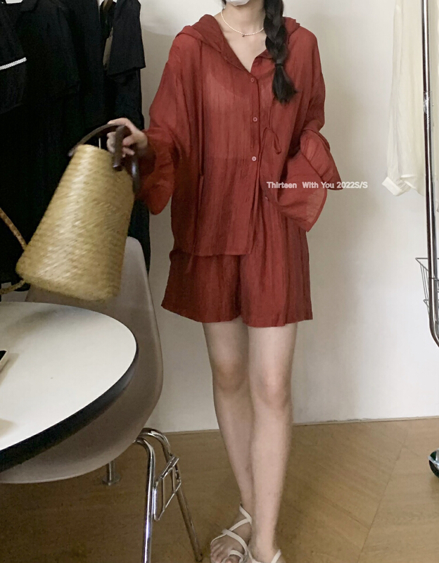 [thirten 13] Korean version simple sunscreen shirt + elastic waist casual Shorts Set 2215\xyy