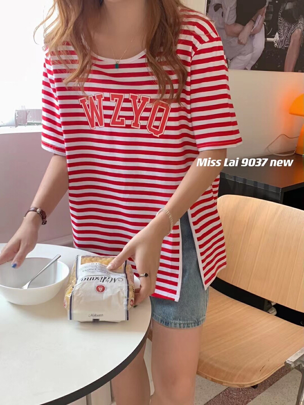 [HH &miss Lai] letter loose stripe short sleeve T-shirt 9037\l