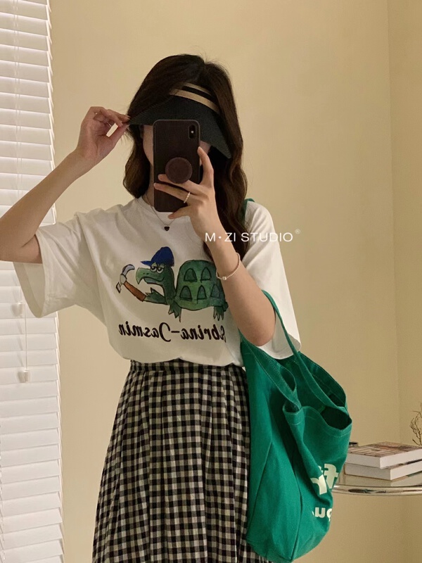 [m.zi studio] Korean funny turtle Cherry Blossom short sleeve T-shirt 3565\hbx