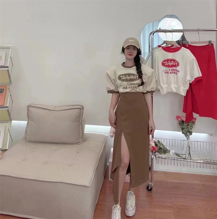 [Yan Zhen] letter printed short sleeve T-shirt + high waist pleated skirt set 67221\pcz