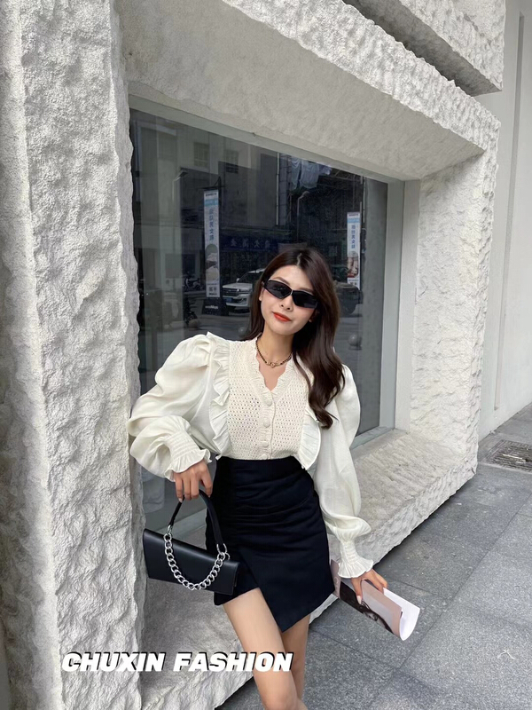 New year in early spring! [c.x Chuxin] Ruffle stitched bubble sleeve temperament knitted cardigan z65\wtt