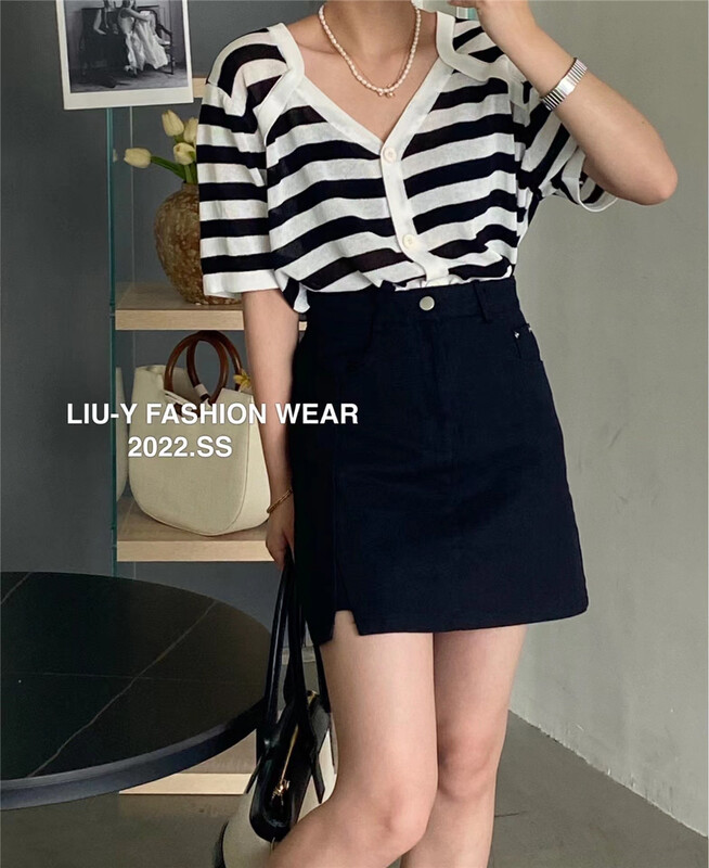 [liu.y] Korean casual versatile stripe short sleeve sweater 3537\zjy