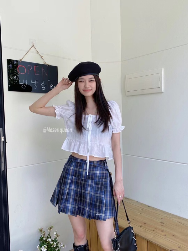 [moss queen] sweet bubble sleeve U-neck short shirt 50293\xyy